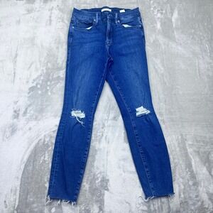 Good American Good Legs Crop Blue Distressed Denim Jeans Sz 6/28 Fits 25" No Btn